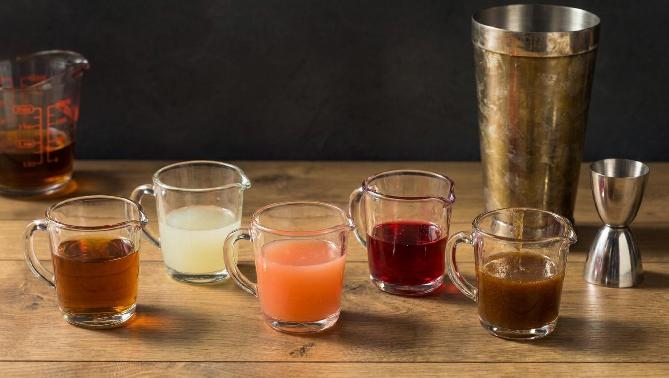 Small glass measuring cups filled with rum, lime juice, grapefruit juice, grenadine, and cinnamon syrup arranged beside a cocktail shaker on a kitchen counter