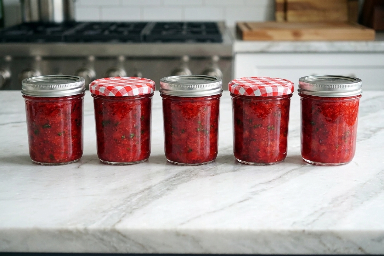 Small jars of strawberry freezer jam with lids on, lined up on a kitchen counter ready to be stored