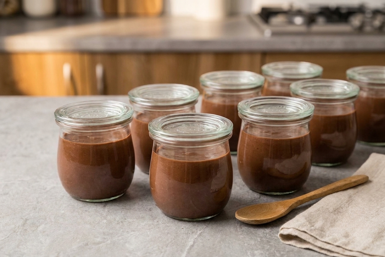 Small lidded jars filled with chocolate coco pudding stored neatly and ready to chill.