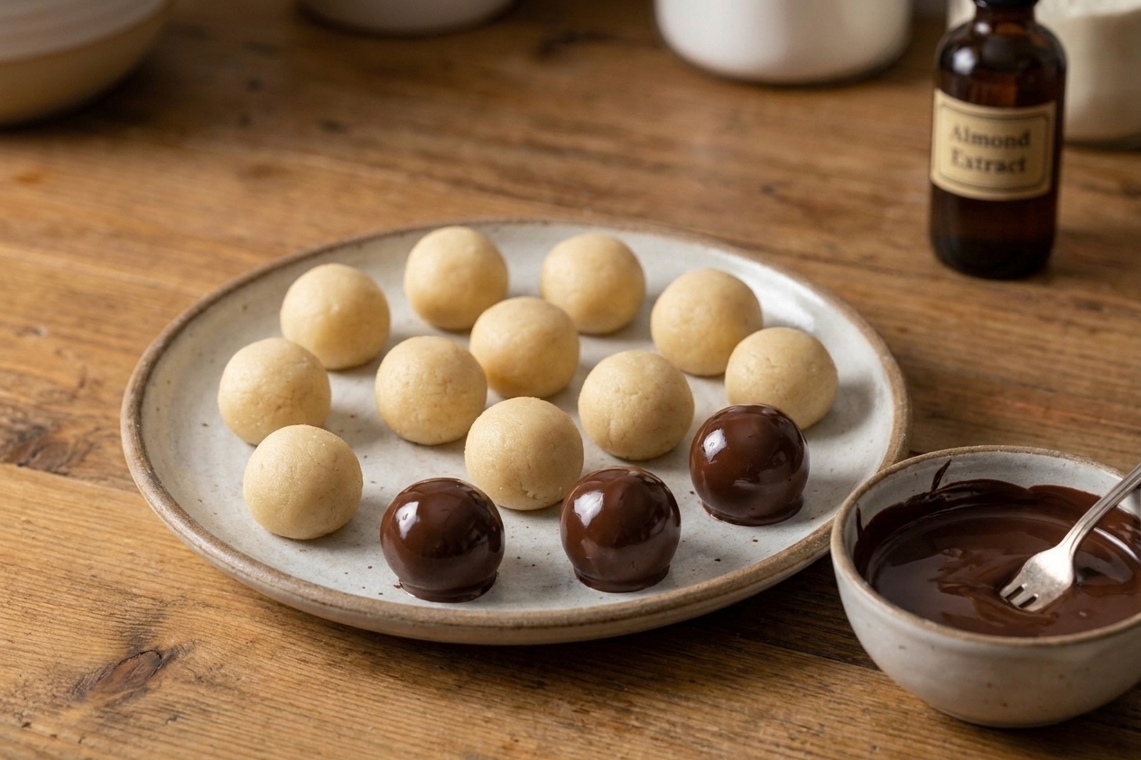 Small marzipan balls on a plate with a few half-dipped in dark chocolate on a simple table setting