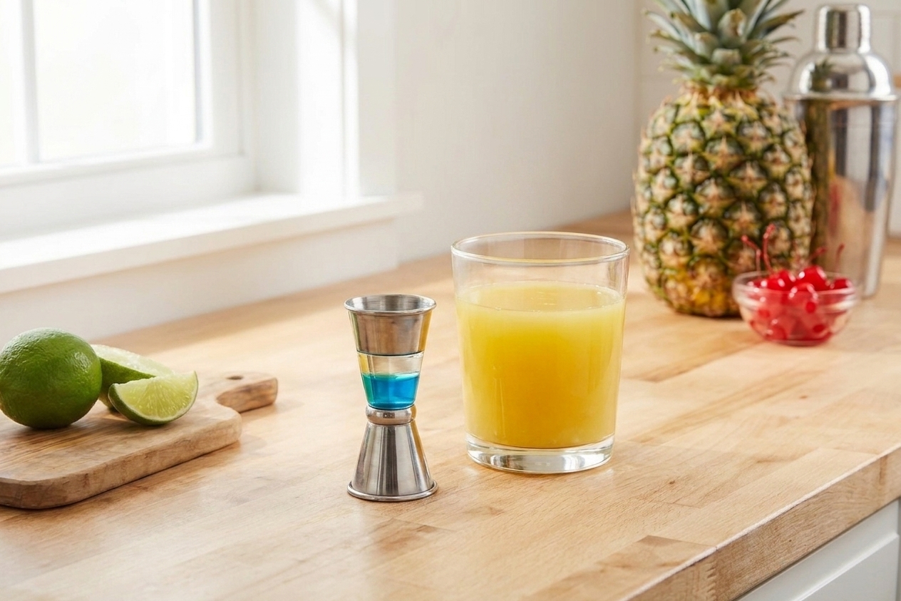 Small measuring jigger filled with rum and blue curaçao beside a glass of pineapple juice on a kitchen counter