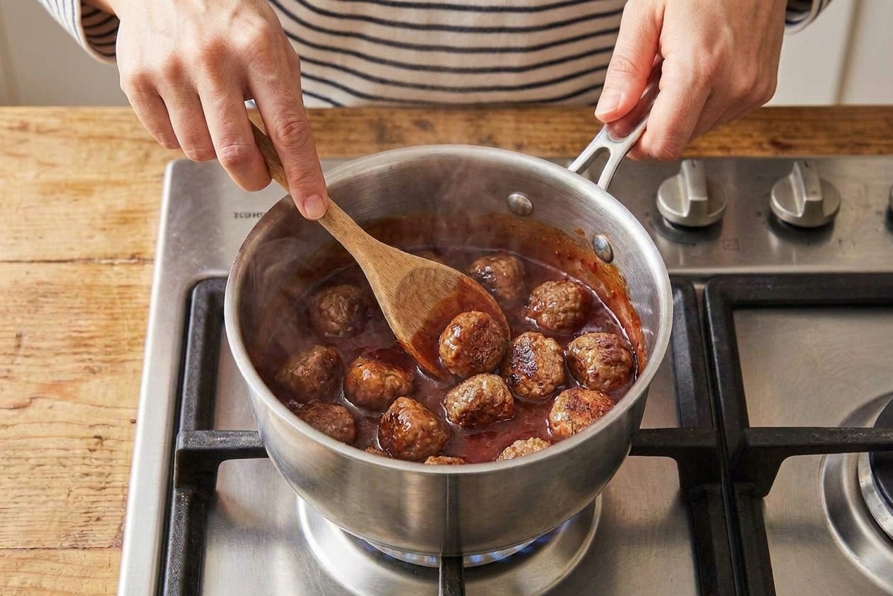Small meatballs being stirred into a glossy sweet and tangy sauce in a pot on the stove
