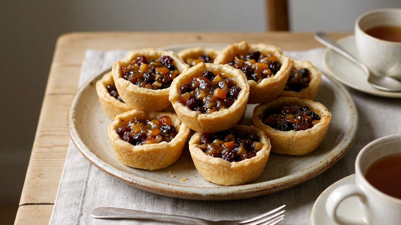 Small mincemeat tartlets on a ceramic plate with flaky crust and glossy fruit filling, set on a simple table setting