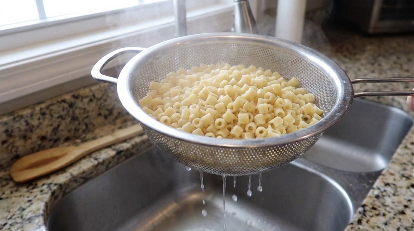 Small pasta draining in a colander over a sink, steam rising