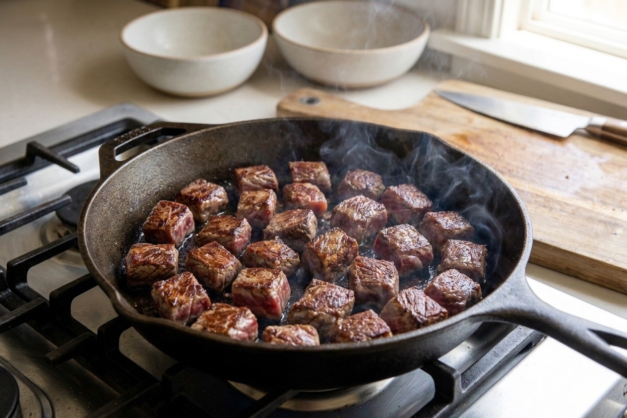 Small pieces of beef browning in a hot skillet with visible caramelized edges