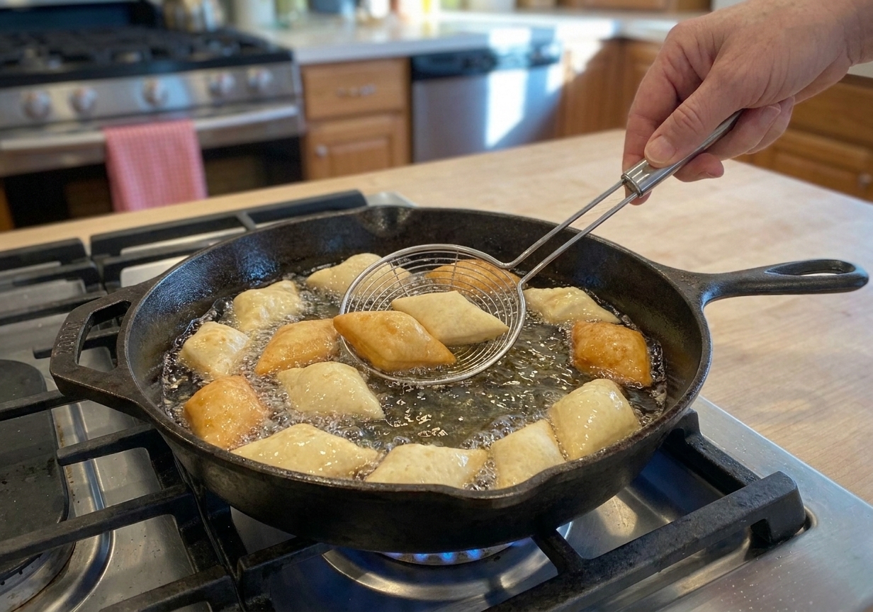 Small pieces of dough frying in bubbling oil in a cast iron skillet on a stovetop