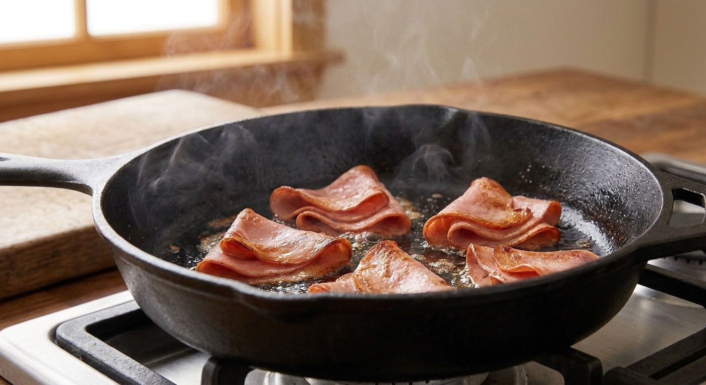 Small piles of mortadella slices sizzling in a hot skillet with edges turning crisp and golden