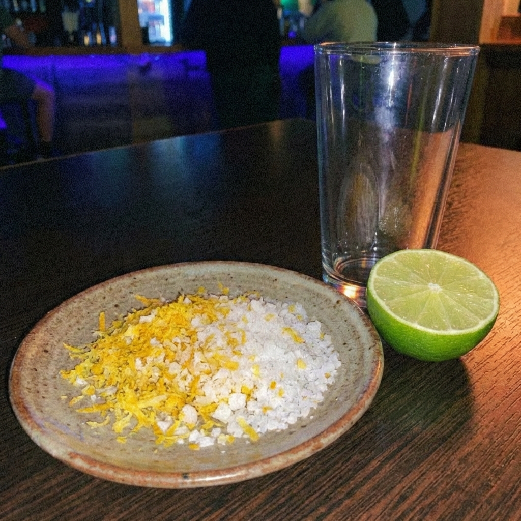 Small plate with citrus zest and flaky salt mixed together next to a cut lime and a highball glass ready to be rimmed