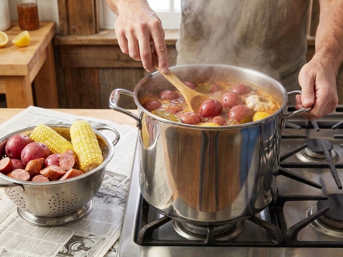 Small potatoes boiling in a seasoned stockpot with steam rising on a stovetop