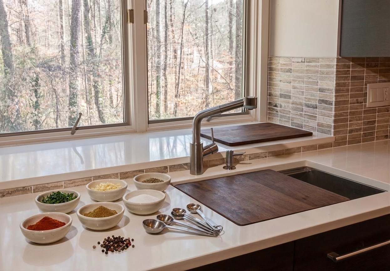 Small prep bowls and measuring spoons lined up on a kitchen counter like a prep list