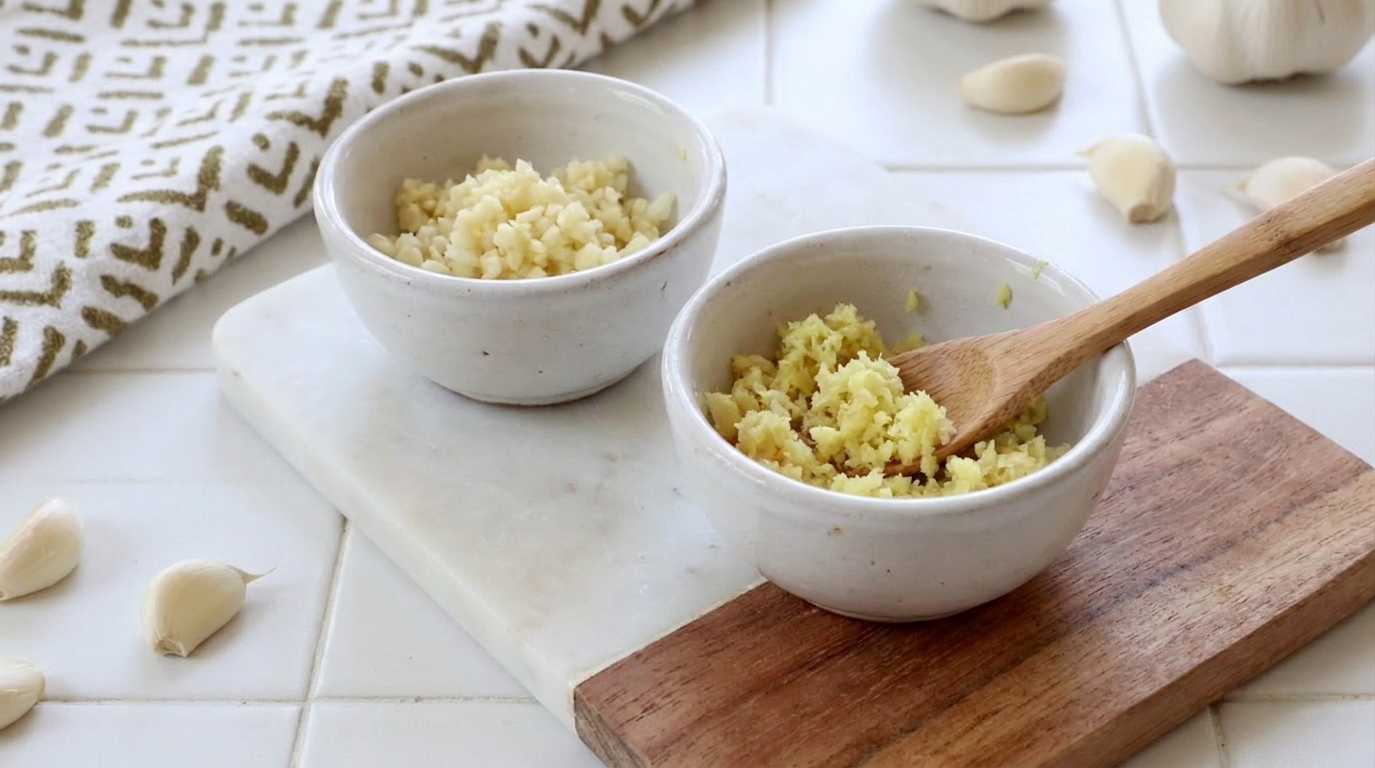 Small prep bowls holding minced garlic and freshly grated ginger on a kitchen counter, ready to cook