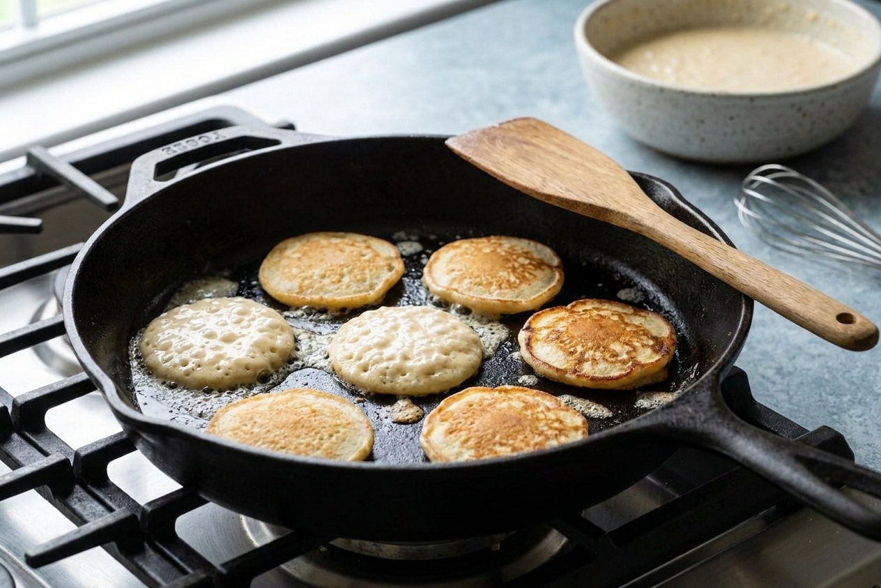 Small rounds of blini cooking in a cast iron skillet on a stovetop, with bubbles forming on the surface