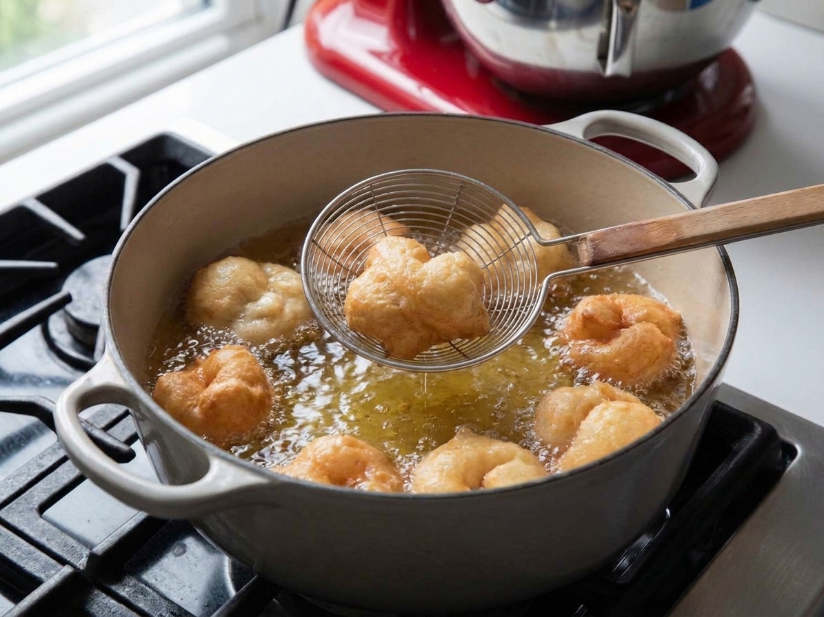 Small rounds of zeppole dough frying in a pot of hot oil with a spider strainer nearby