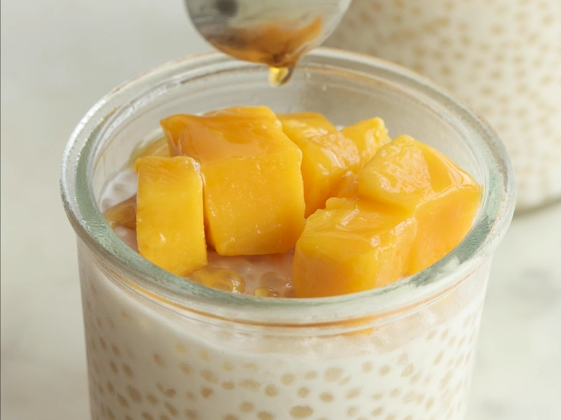 Small sago pearls with coconut milk, sugar, vanilla, and salt arranged on a kitchen counter
