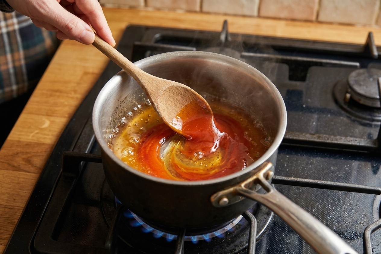 Small saucepan of honey being stirred with hot sauce on a stovetop