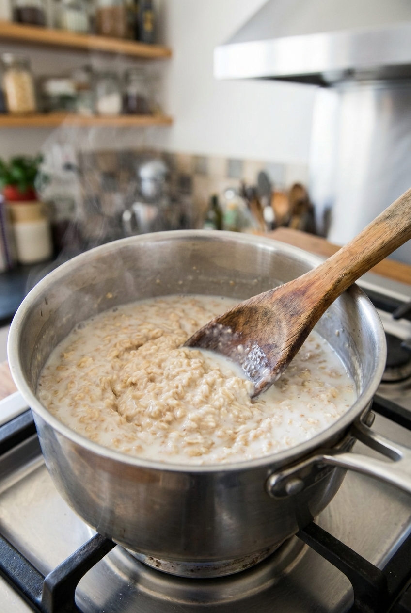Small saucepan on a stovetop with oats being stirred in simmering milk with a wooden spoon