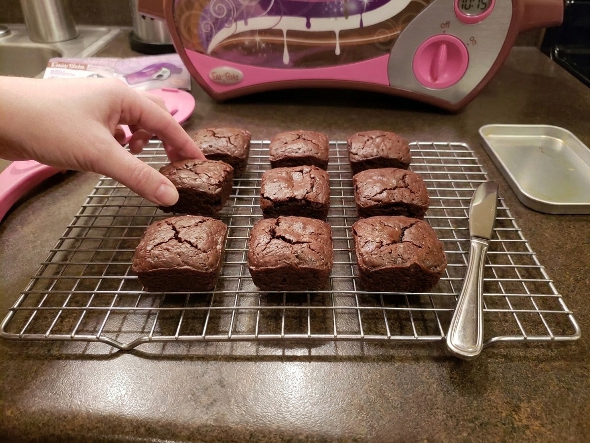 Small square brownies cooling on a wire rack on a kitchen counter with a small knife nearby