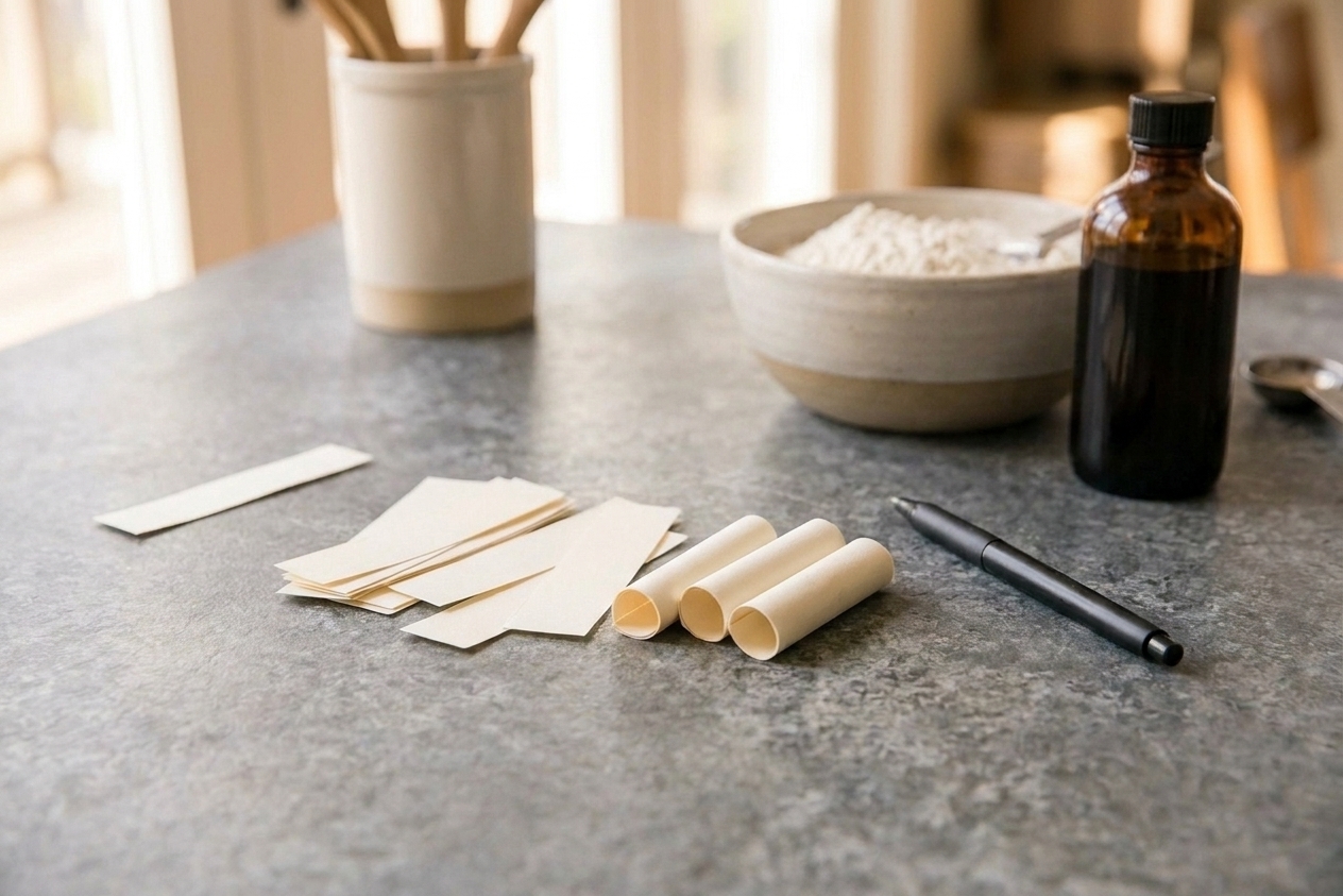 Small strips of paper fortunes arranged on a kitchen counter beside a pen, ready to be tucked into cookies