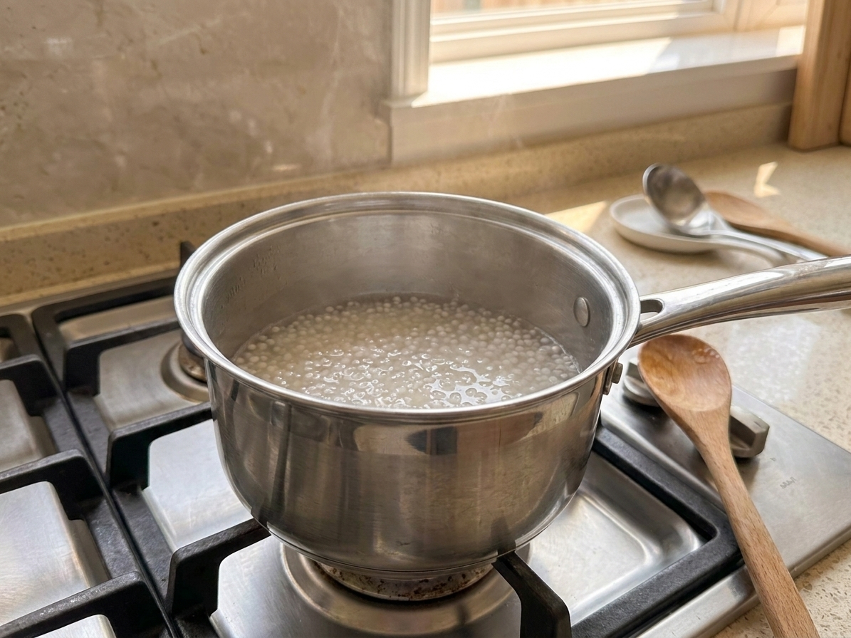 Small tapioca pearls simmering in a medium saucepan of water on a home stove, with a wooden spoon resting nearby in soft natural kitchen light