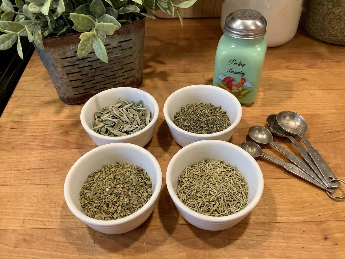 Small white bowls filled with dried sage, thyme, marjoram, and rosemary arranged on a kitchen counter with measuring spoons