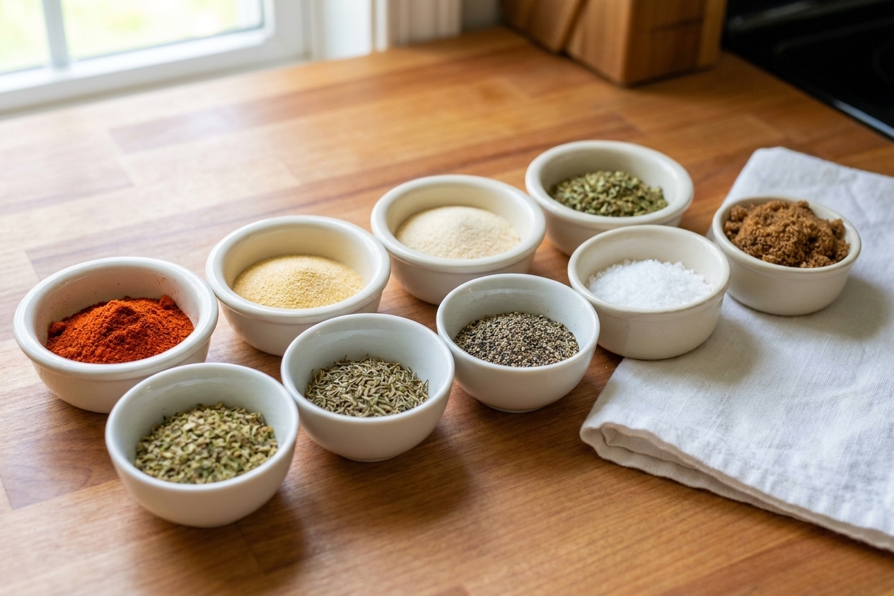 Small white bowls filled with paprika, garlic powder, onion powder, dried oregano, dried thyme, black pepper, salt, and brown sugar arranged on a warm wooden counter
