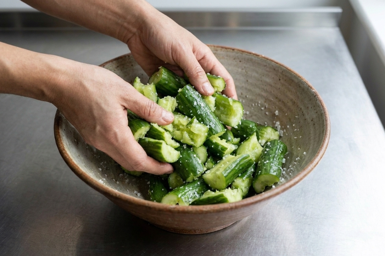 Smashed cucumber chunks in a large mixing bowl being tossed with kosher salt
