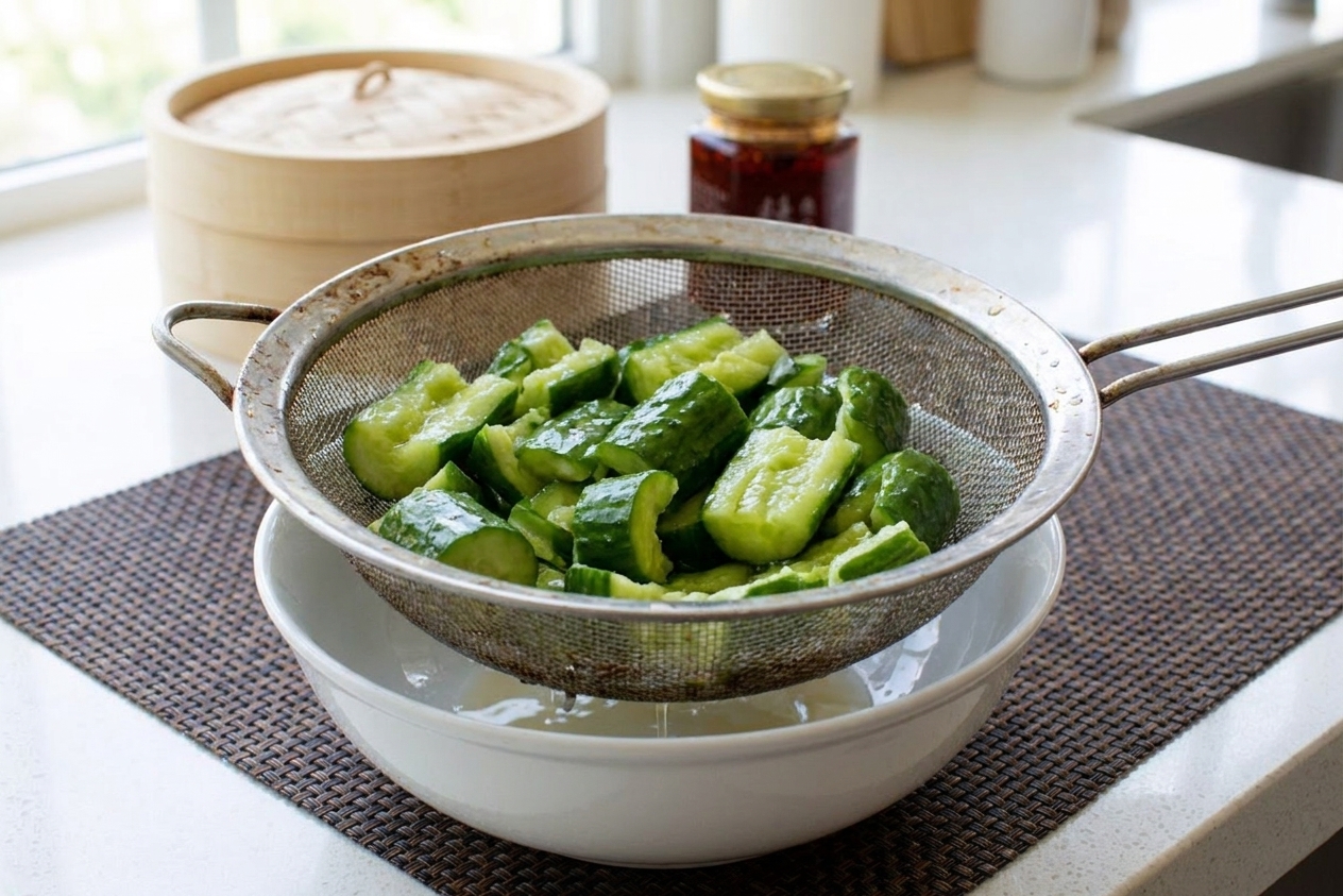 Smashed cucumber chunks sitting in a metal colander over a bowl with visible moisture draining off, on a clean kitchen counter