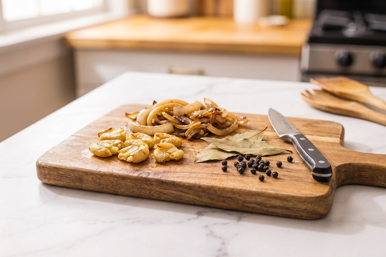 Smashed garlic cloves and sliced onion on a wooden cutting board beside bay leaves and whole peppercorns
