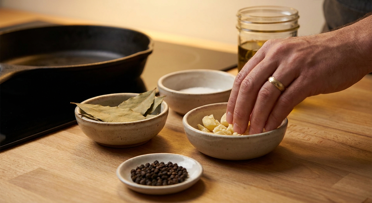 Smashed garlic cloves, bay leaves, and whole black peppercorns prepped in small bowls on a kitchen counter under warm, even lighting