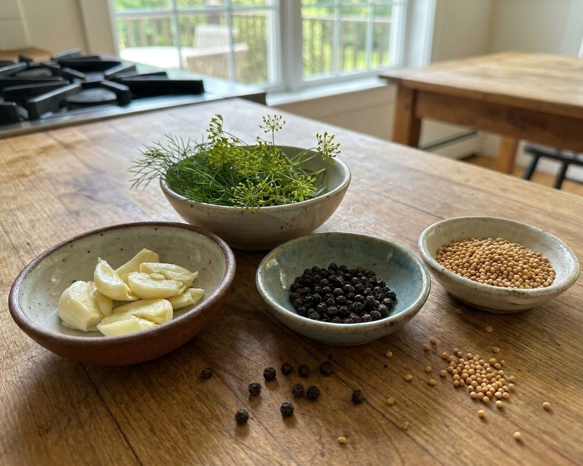 Smashed garlic cloves, fresh dill, peppercorns, and mustard seeds measured out in small bowls on a kitchen counter
