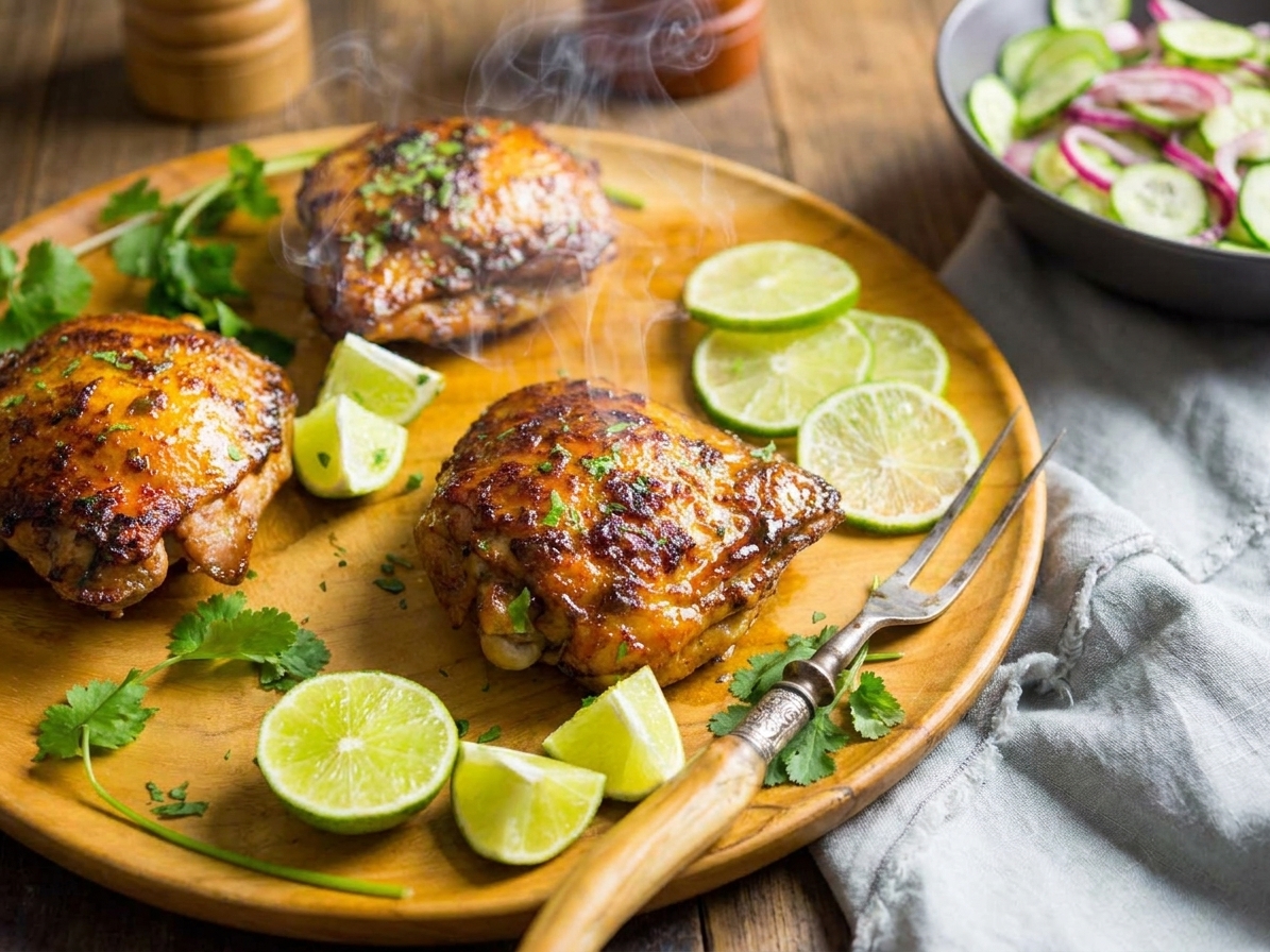 Smoked chicken pieces resting on a serving platter with a few herbs scattered around, set on a wooden table with warm kitchen lighting