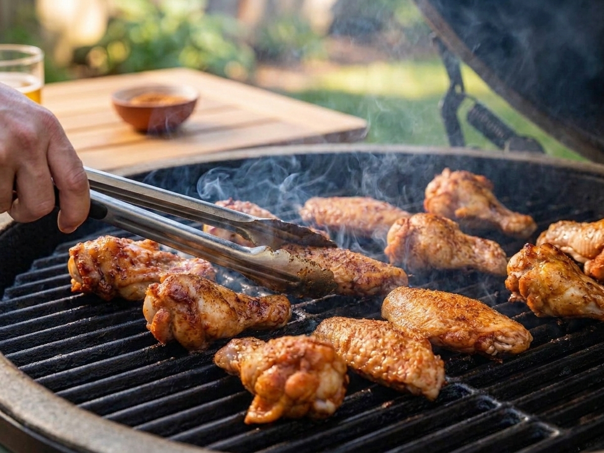 Smoked chicken wings being flipped with tongs over high heat on a grill, skin blistered and crisp