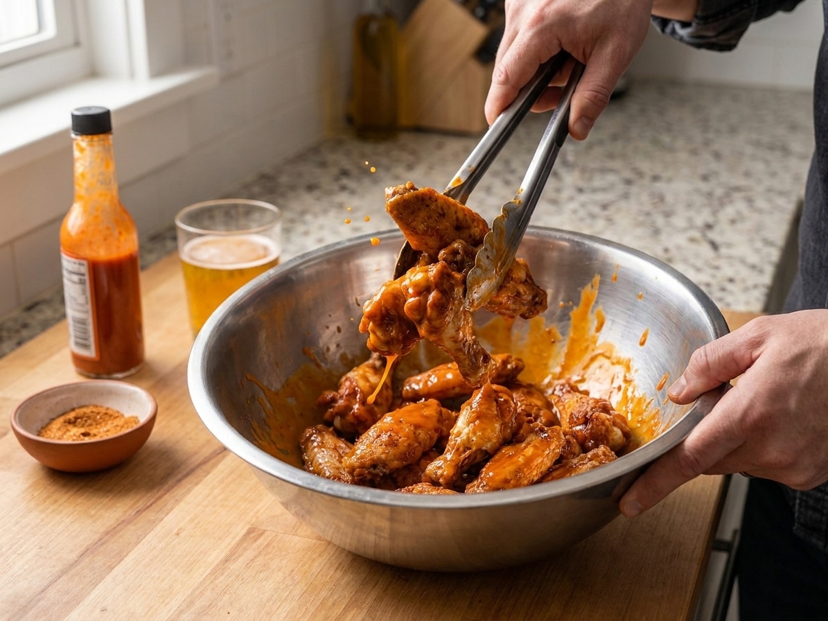 Smoked chicken wings being tossed in a large stainless steel bowl with orange buttery hot sauce