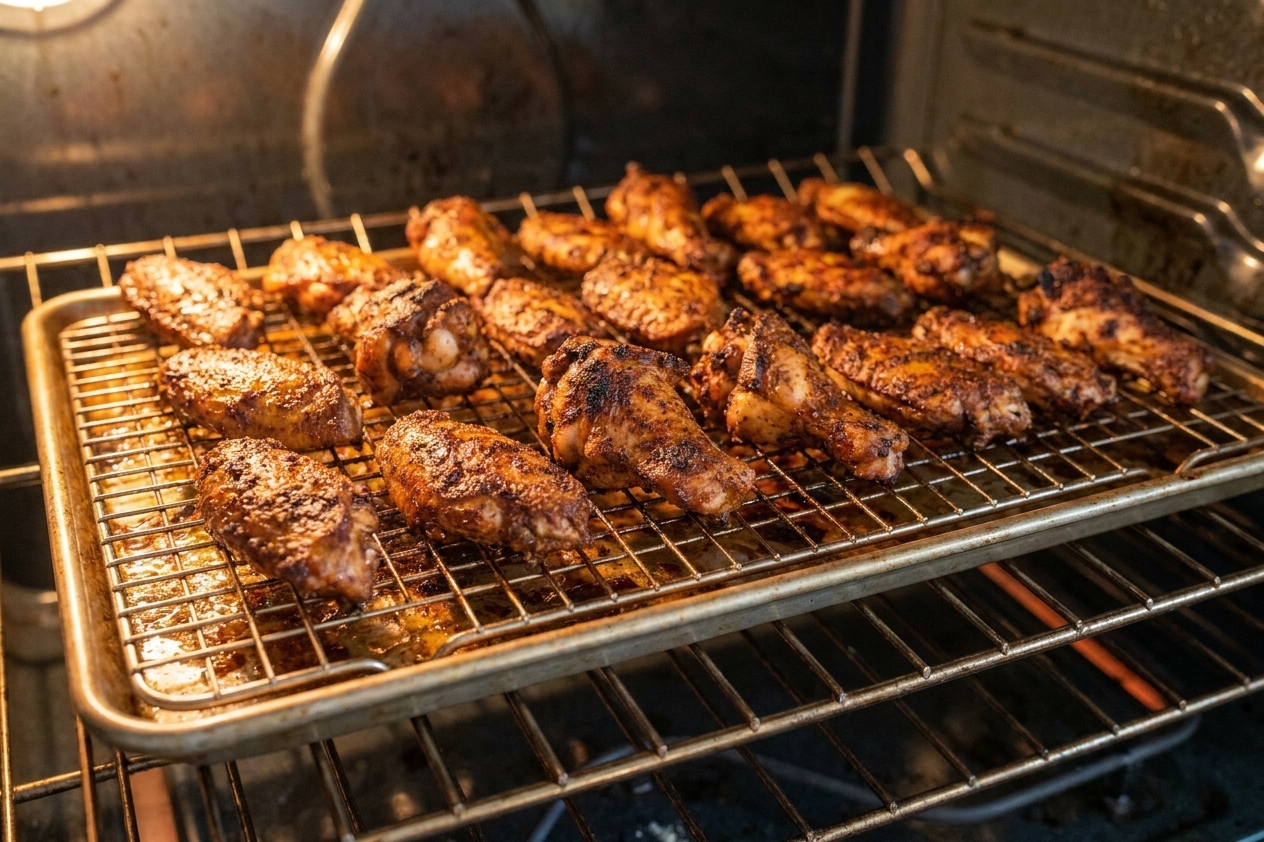 Smoked chicken wings crisping on a wire rack over a sheet pan in an oven with golden-brown skin