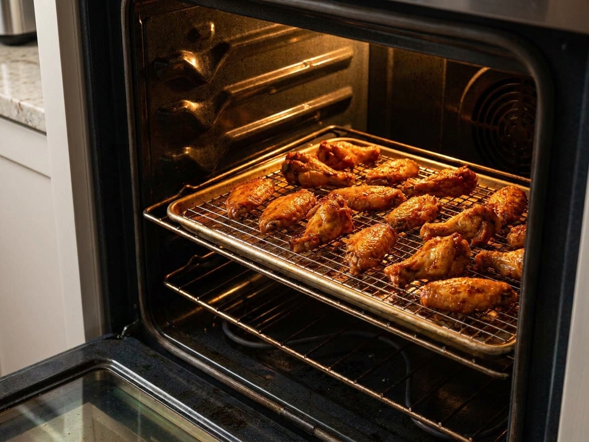 Smoked chicken wings reheating on a wire rack set over a sheet pan inside a home oven