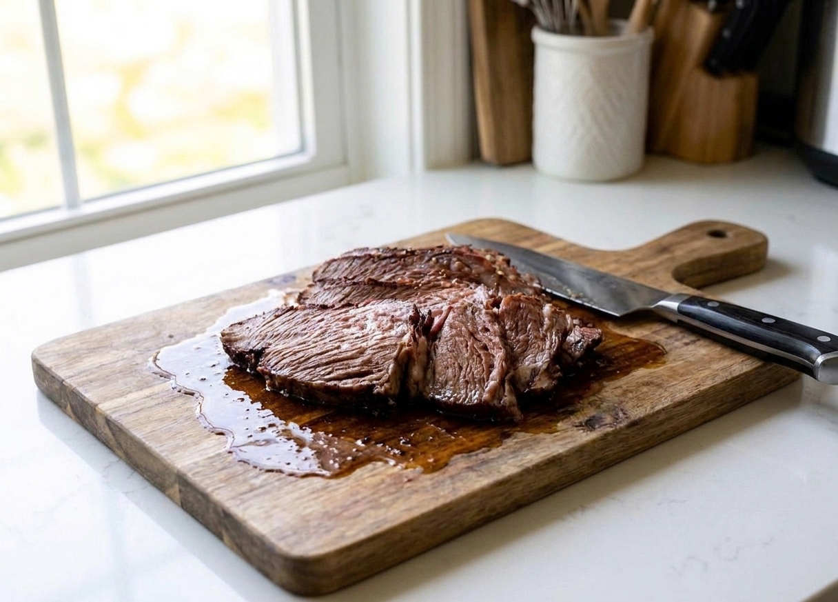 Smoked chuck roast sliced against the grain on a wooden cutting board with a small puddle of juices and a knife resting beside the meat