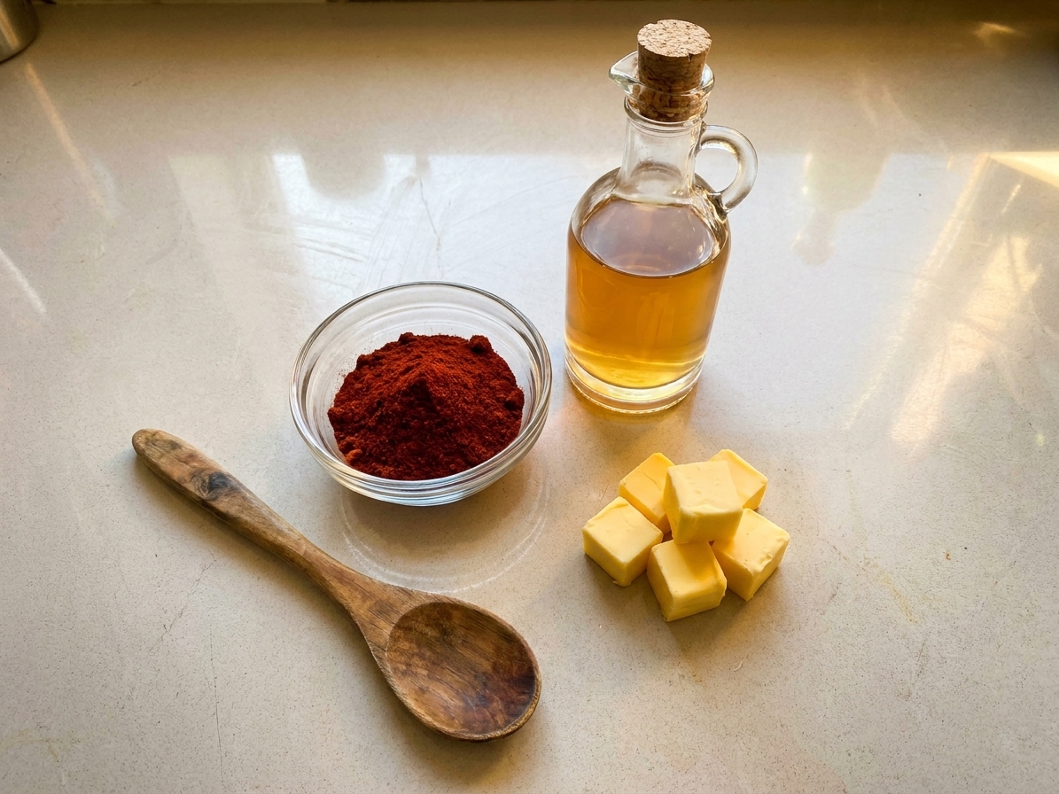 Smoked paprika, apple cider vinegar, and cubes of butter arranged on a kitchen counter, ready to be used for mop sauce