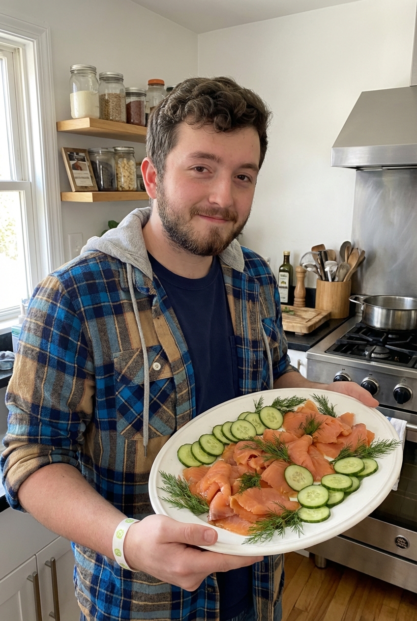 Smoked salmon arranged on a platter with sliced cucumbers and fresh dill