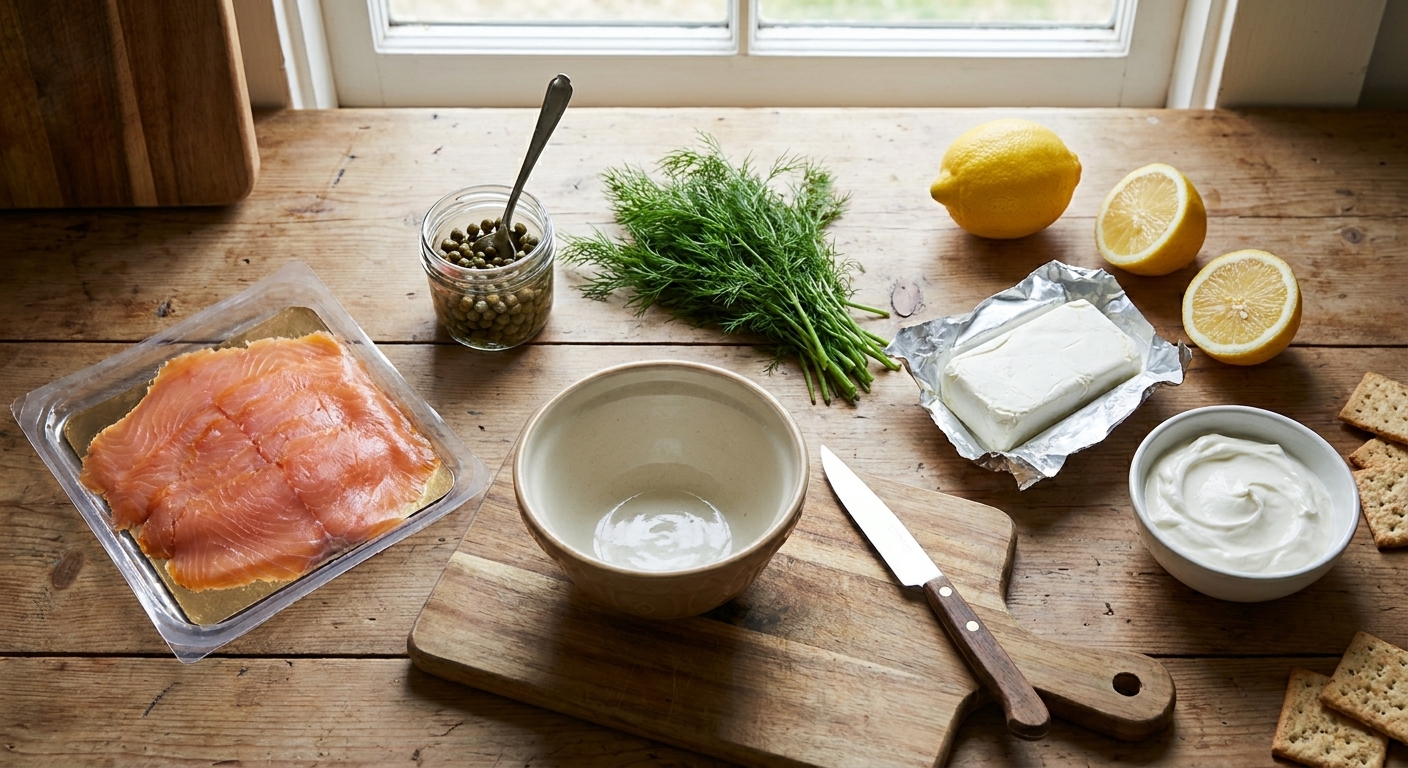 Smoked salmon, capers, fresh dill, lemon, cream cheese, and sour cream arranged on a kitchen counter ready to make a cold dip, overhead food photo