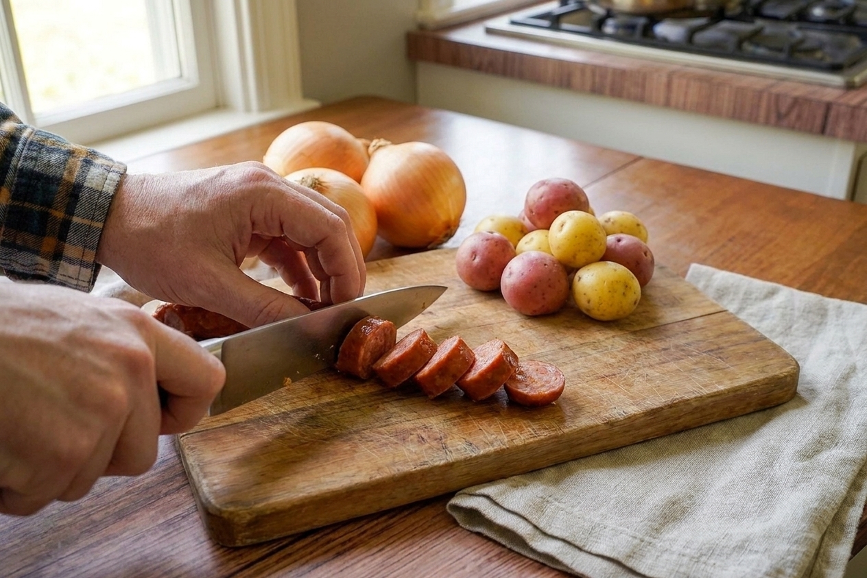 Smoked sausage being sliced on a wooden cutting board next to whole onions and baby potatoes on a kitchen counter