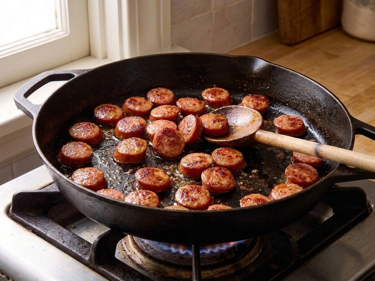 Smoked sausage coins browning in a hot cast iron skillet on a stovetop