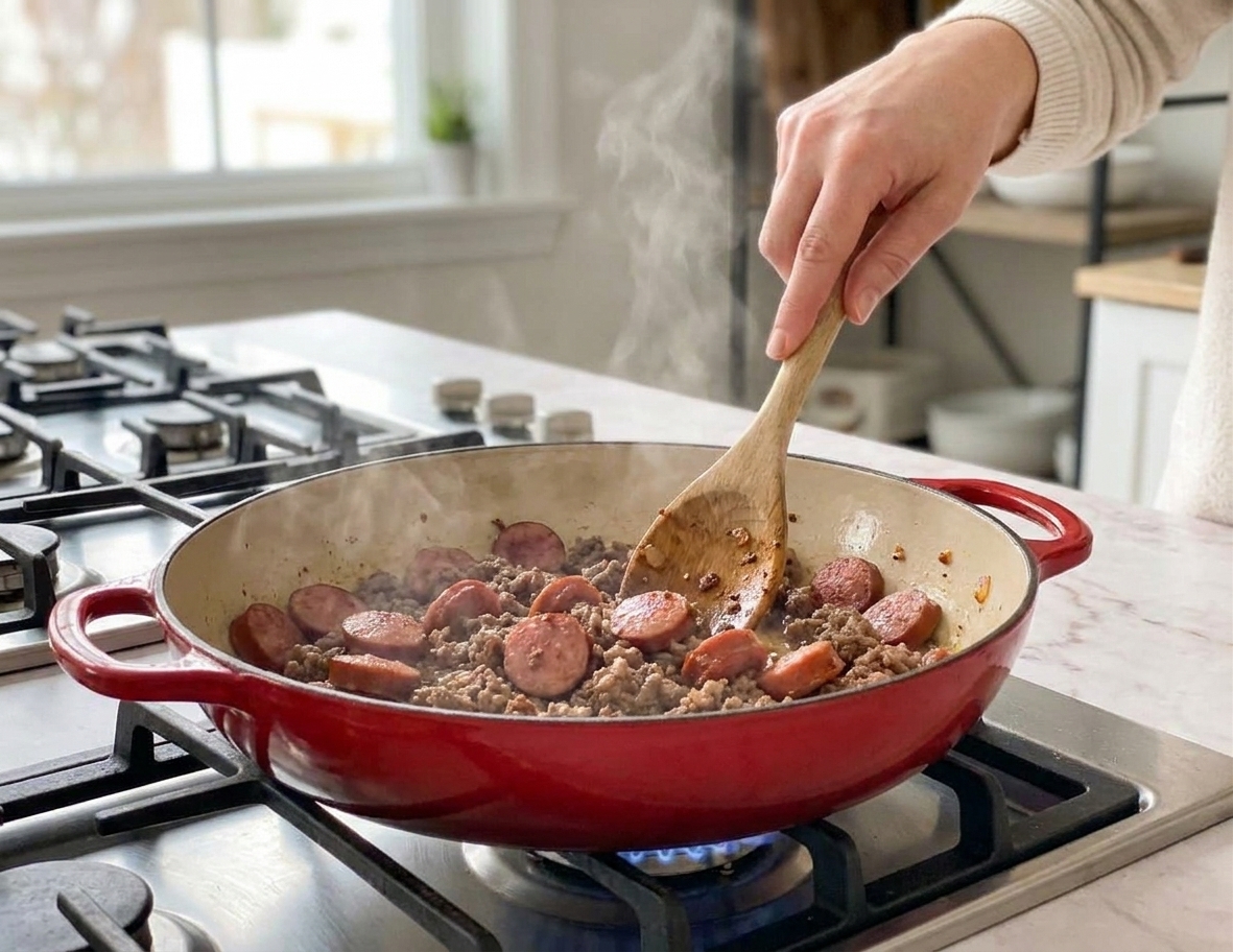 Smoked sausage slices and ground beef browning in a Dutch oven with a wooden spoon stirring on a stovetop