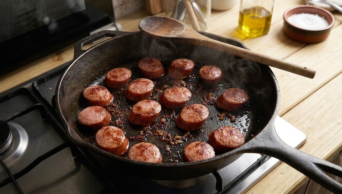 Smoked sausage slices browning in a cast iron skillet with visible caramelized bits forming on the bottom