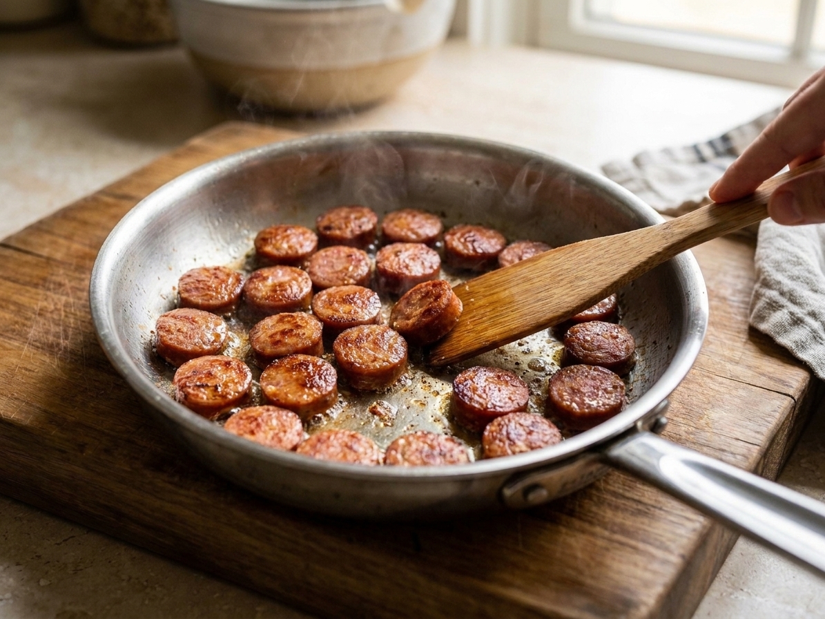 Smoked sausage slices browning in a pan with visible golden edges and light sizzling oil