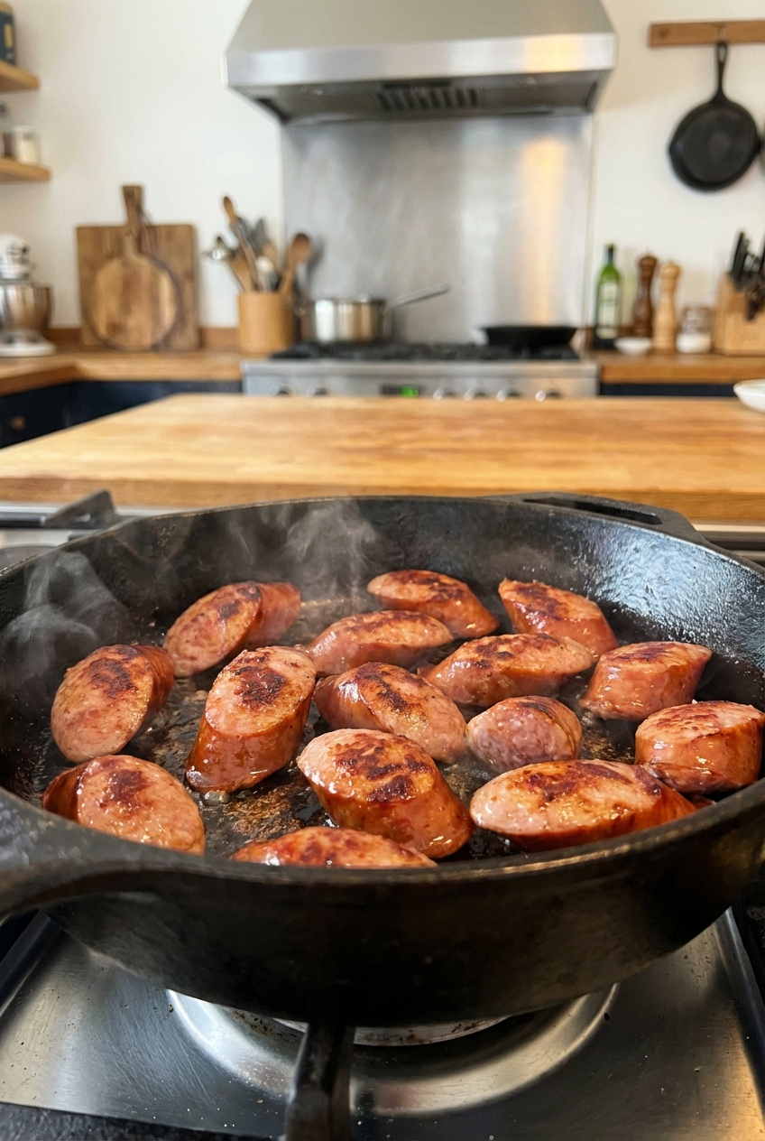 Smoked sausages browning in a cast iron skillet with deep golden sear marks