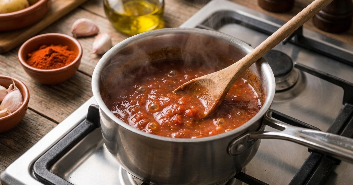 Smoky tomato bravas sauce cooking in a small saucepan on a stovetop