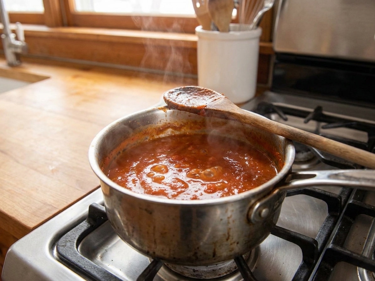 Smoky tomato bravas sauce simmering in a small saucepan on a stovetop with a wooden spoon resting nearby