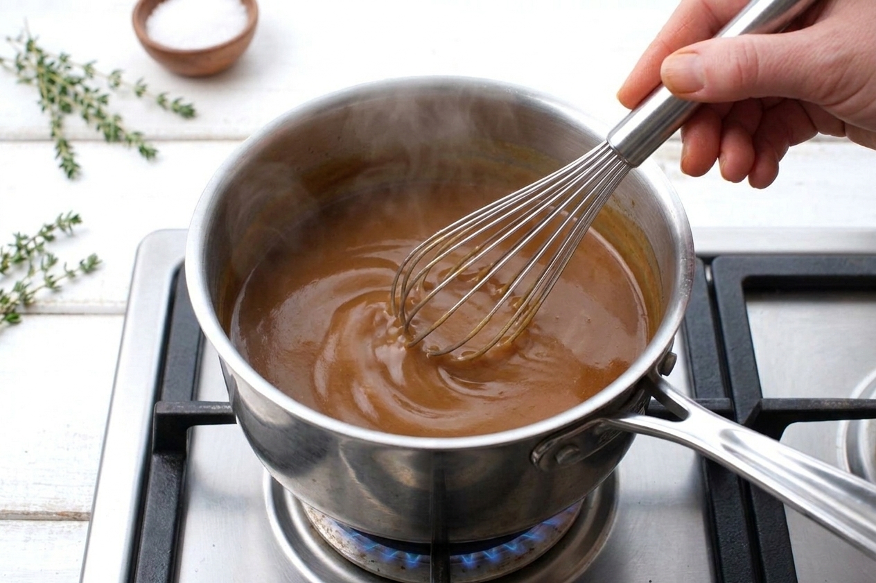 Smooth brown gravy being whisked in a small saucepan on a stovetop
