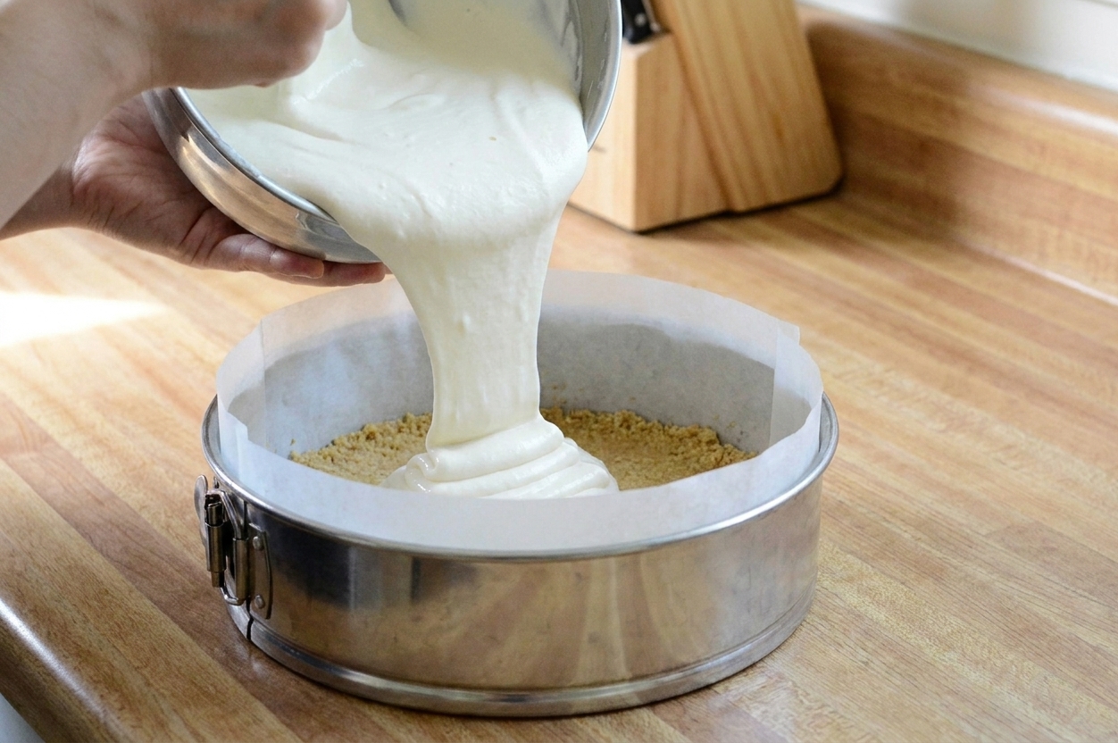 Smooth cheesecake batter being poured into a parchment-lined springform pan on a kitchen counter