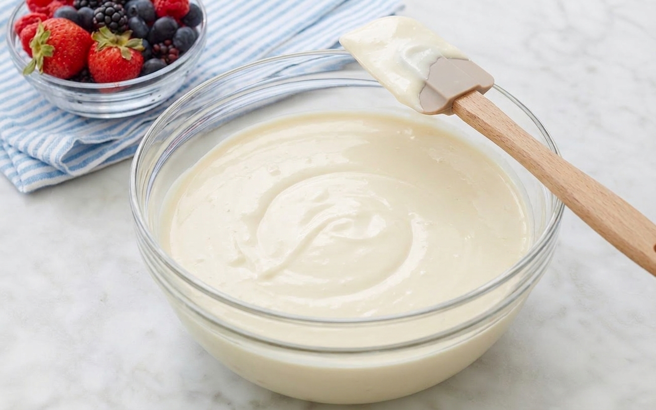 Smooth cheesecake batter in a large mixing bowl, batter glossy and pale with a rubber spatula resting on the rim
